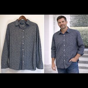 Mens XXL Button Down Shirt Navy White Print Cotton Casual